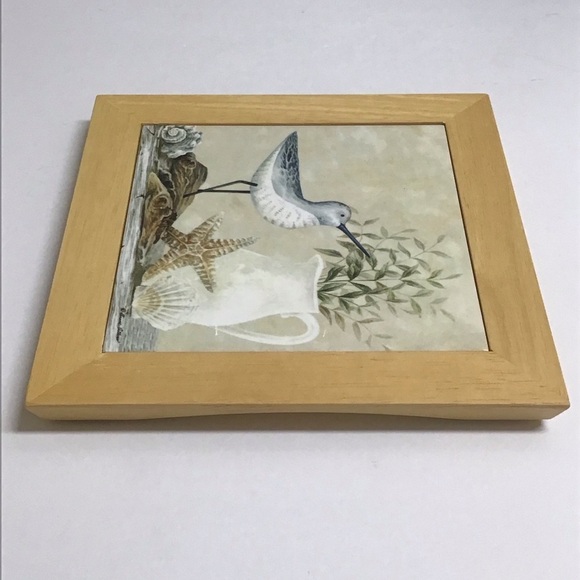 Vintage Diane Arthurs Framed Ceramic Tile Trivet Sandpiper Shells 8x8” Wall Art - Picture 9 of 14